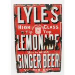 A Lyles lemonade enamel sign, white and black lettering on a red ground,