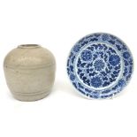 A Chinese blue and white plate, 19th century, diameter 20cm, together with a Chinese jar.
