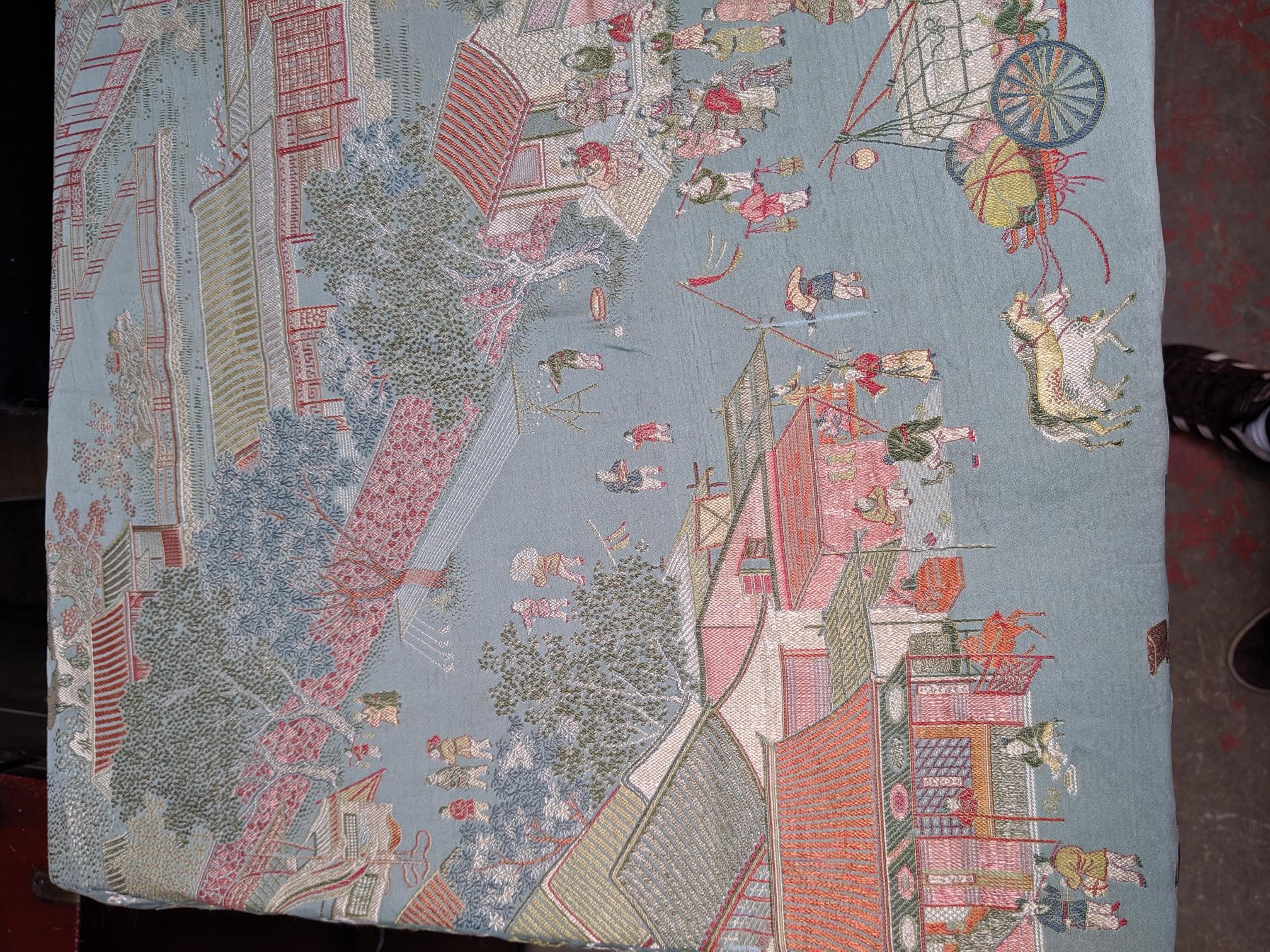 A Chinese silk panel, early-mid 20th century, decorated with a street scene and procession, - Image 2 of 13