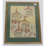 A Japanese silk embroidered picture depicting the Gion Festival, 55.5 x 43.5cm.