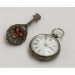 An Italian micro mosaic mandolin brooch and a silver cased key wind fob watch.