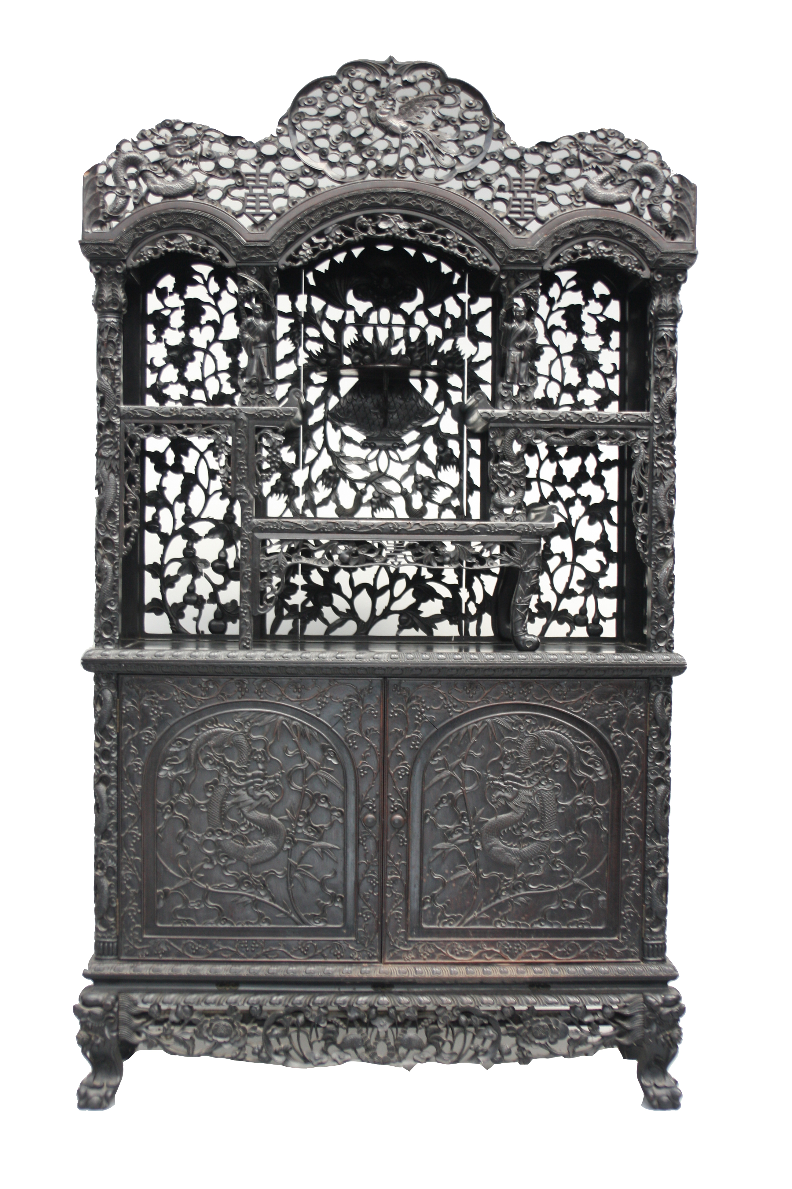 A Chinese carved ebonised display cabinet, 19th century,