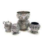 A pair of silver condiments, a silver miniature bowl and a silver double gourd vase, 256g.
