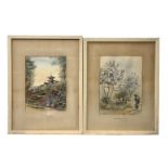 A pair of Japanese watercolours, late 19th century, entitled 'Cherry Blossoms in Yokohama.