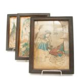 Three Japanese silk pictures, circa 1900, in oak frames, 25.5 x 18cm.