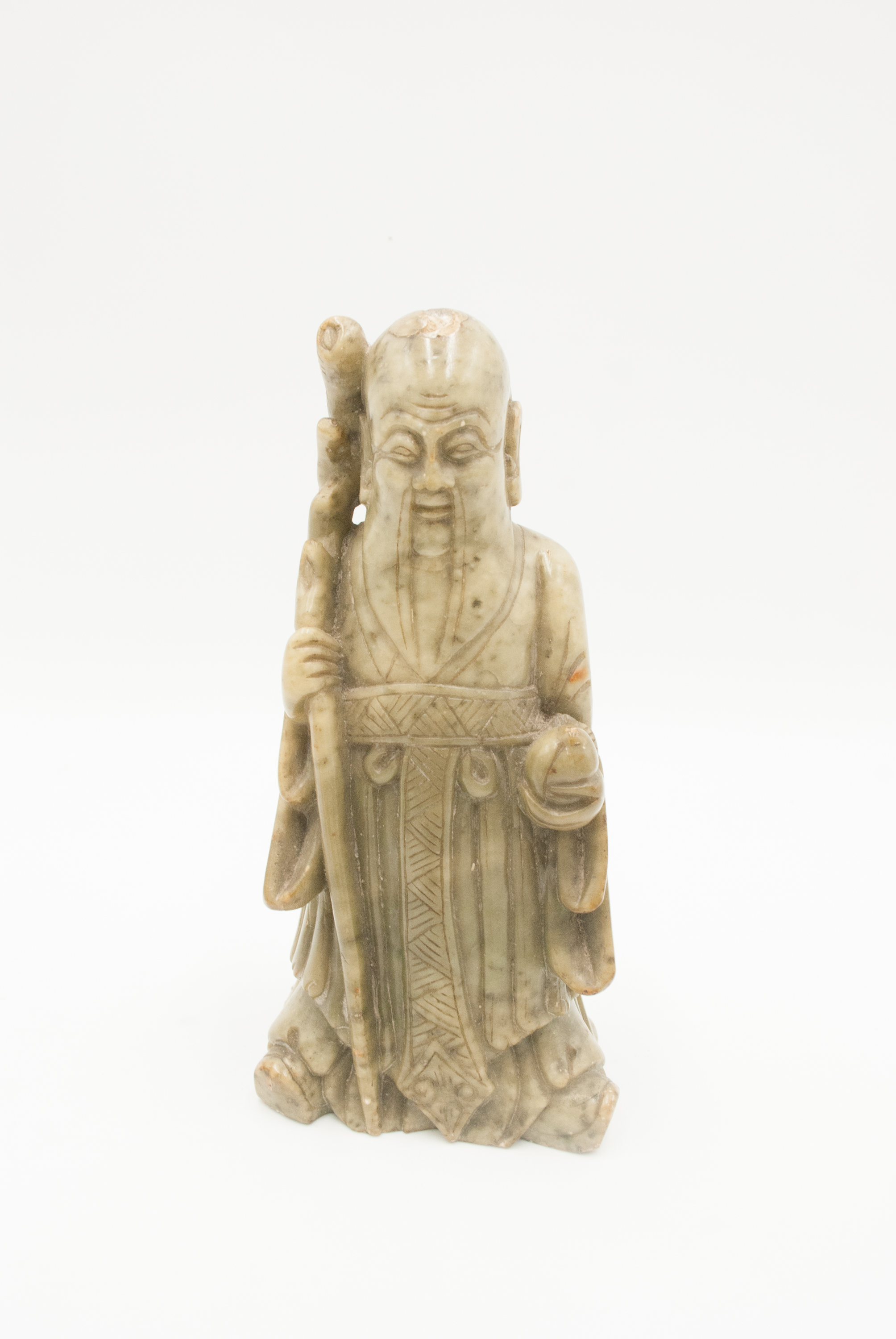 A Chinese carved soapstone figure of Shou Lao, 19th century, the immortal bearing a staff and peach, - Image 4 of 7