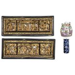 A pair of Chinese carved giltwood panels, 20th century, 16 x 41cm,