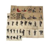 Twelve Japanese colour prints by K. Mori, 34.5 x 17cm, another set of twelve, unsigned, 21 x 9.