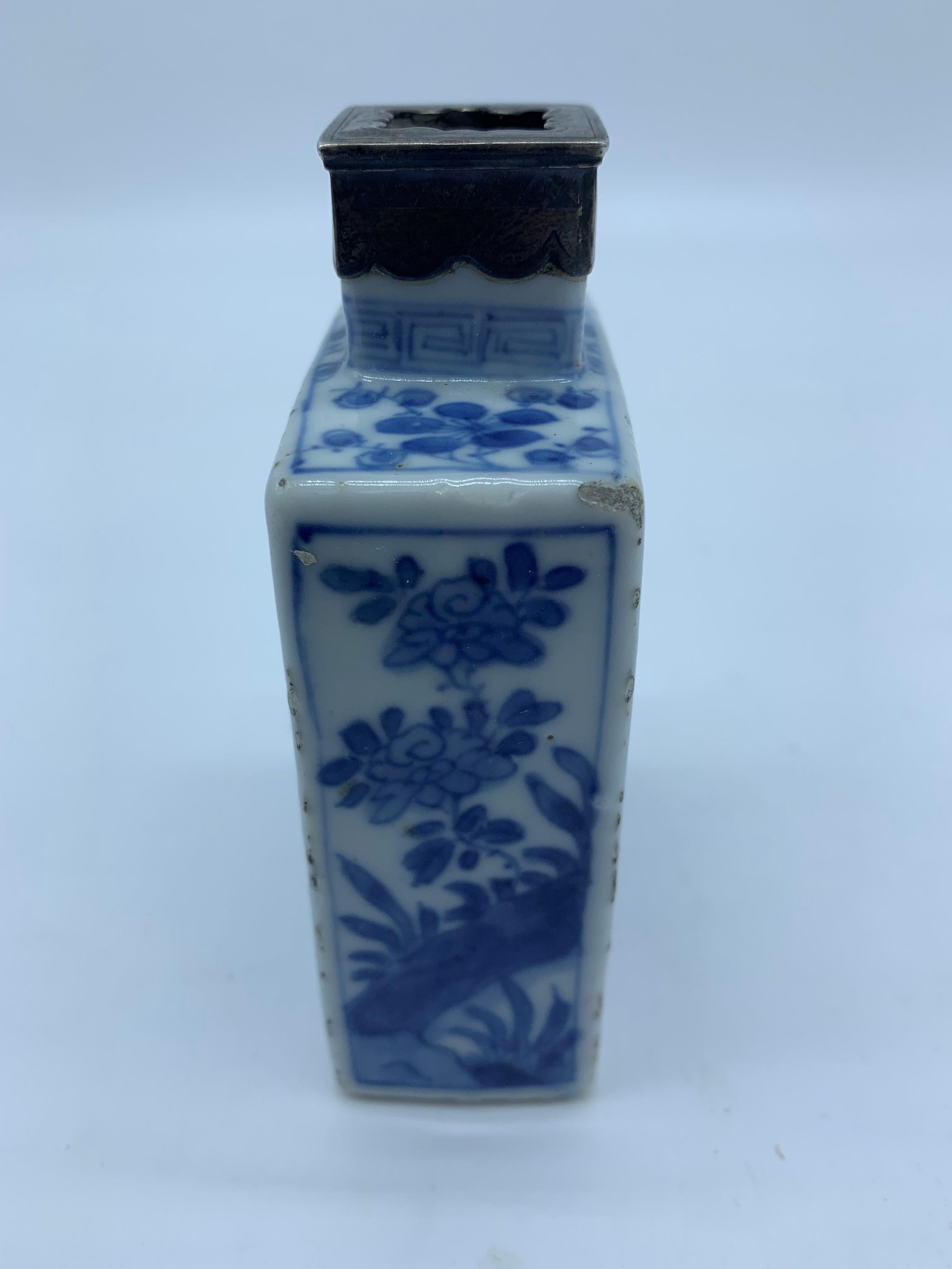 A Chinese blue and white porcelain tea caddy, 18th century, with white metal mount, - Image 10 of 16