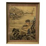 A Chinese painting on silk of a river scene, with pagodas, boats,