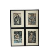Five Japanese woodblock prints depicting Geisha girls, 19th century, each with calligraphy,
