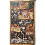 A Chinese village scene oil on canvas painting, laid to board, 20th century, 127 x 70cm.