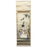 A Chinese painted scroll depicting an immortal, in the company of a deer and child, bone handles,