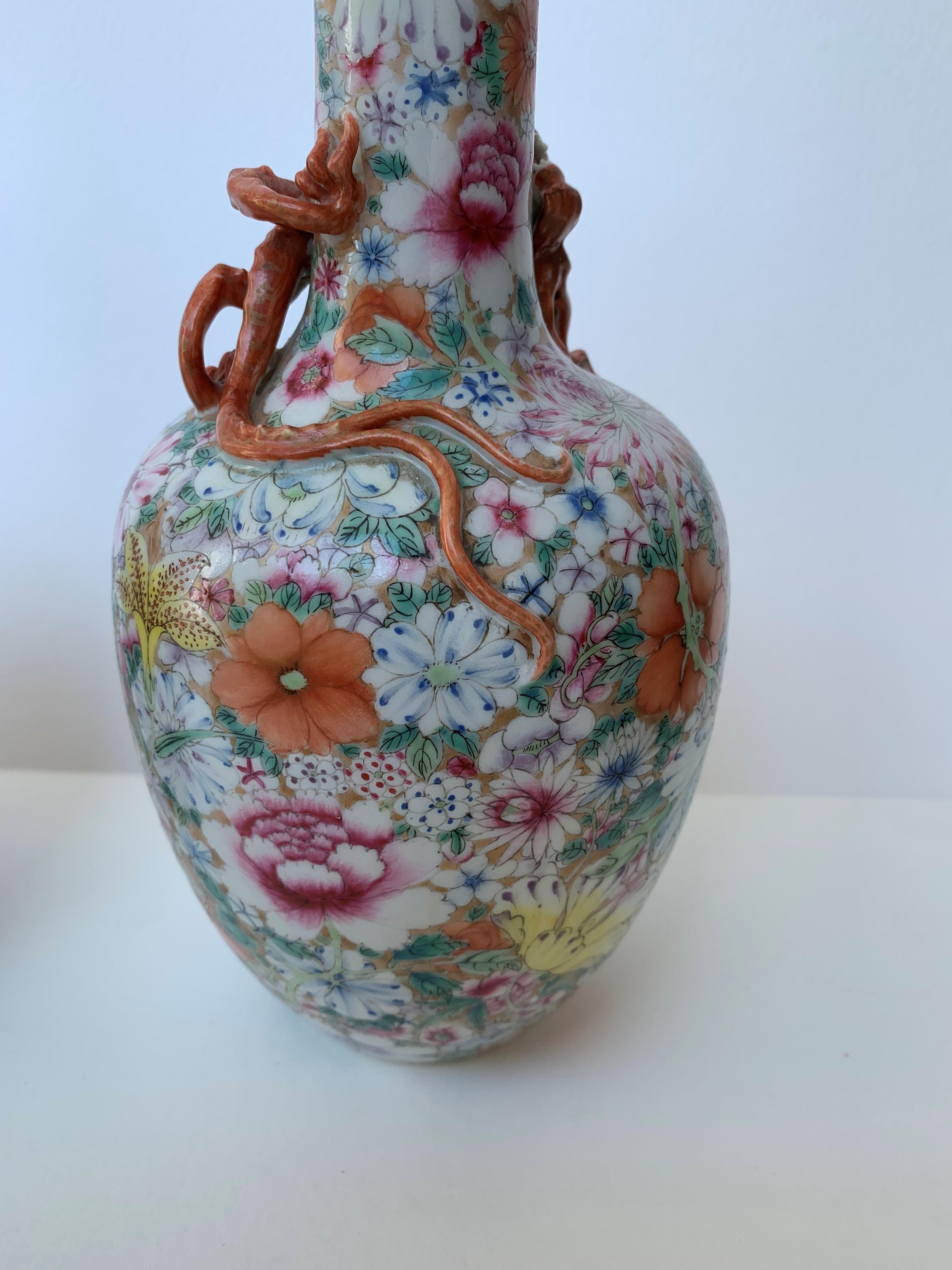 A pair of Chinese millefleurs porcelain bottle vases, 19th century, - Image 6 of 12