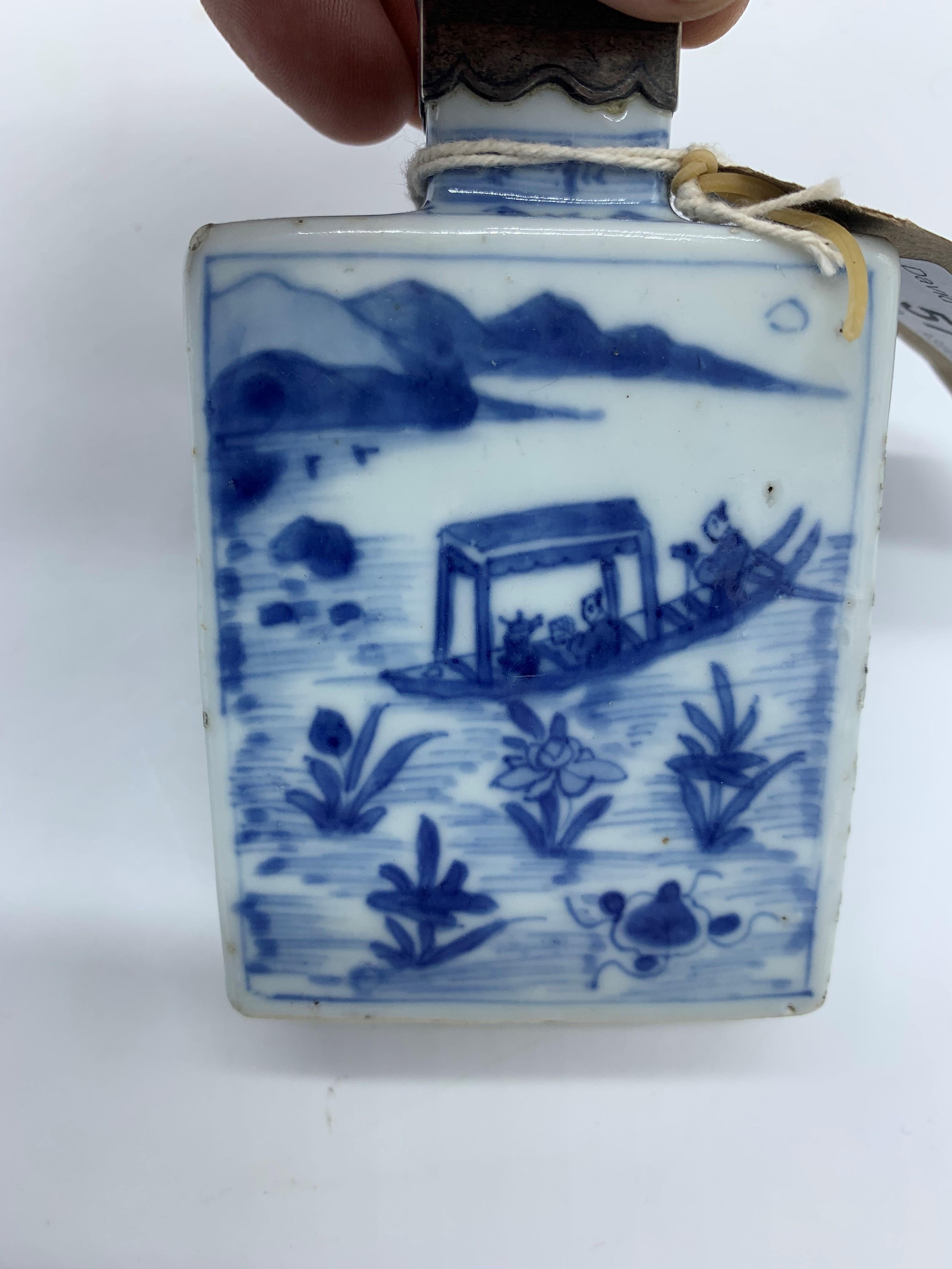 A Chinese blue and white porcelain tea caddy, 18th century, with white metal mount, - Image 15 of 16
