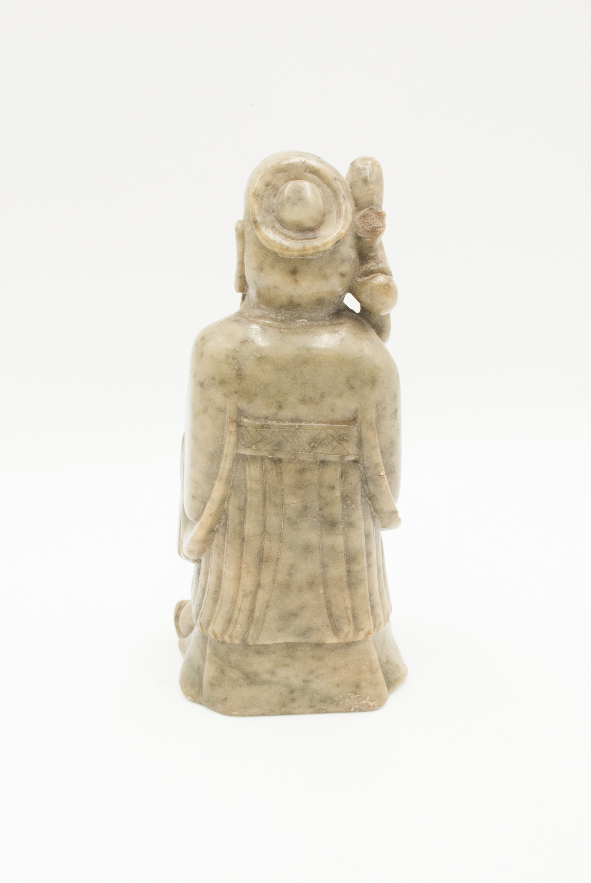 A Chinese carved soapstone figure of Shou Lao, 19th century, the immortal bearing a staff and peach, - Image 5 of 7