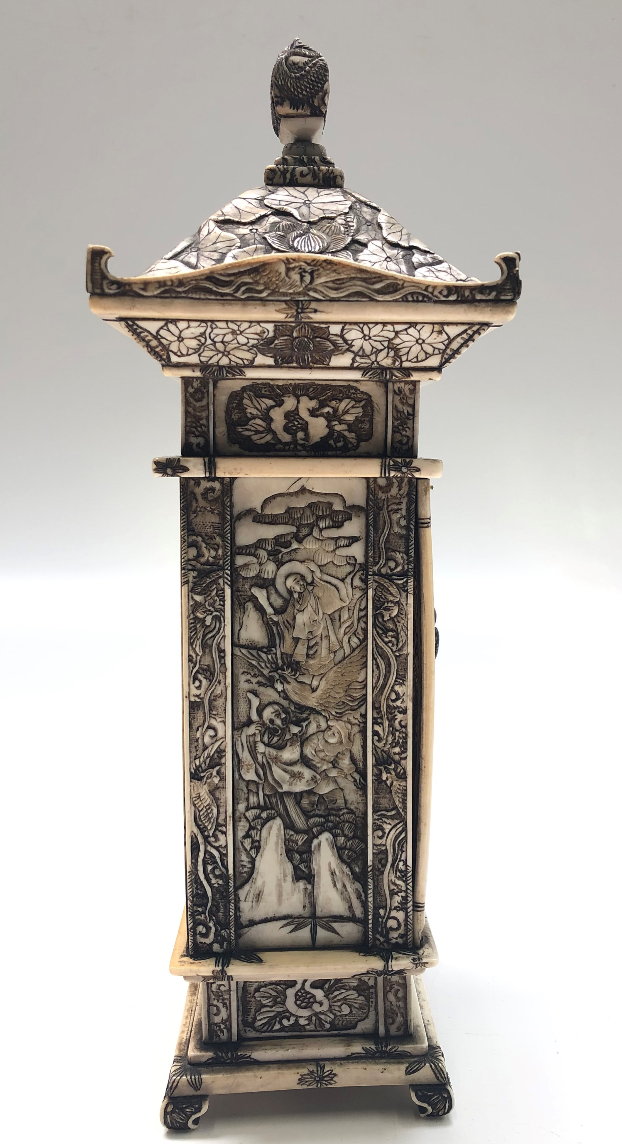 A Japanese carved ivory shrine, late Meiji period, decorated throughout with figures in landscapes, - Image 4 of 7