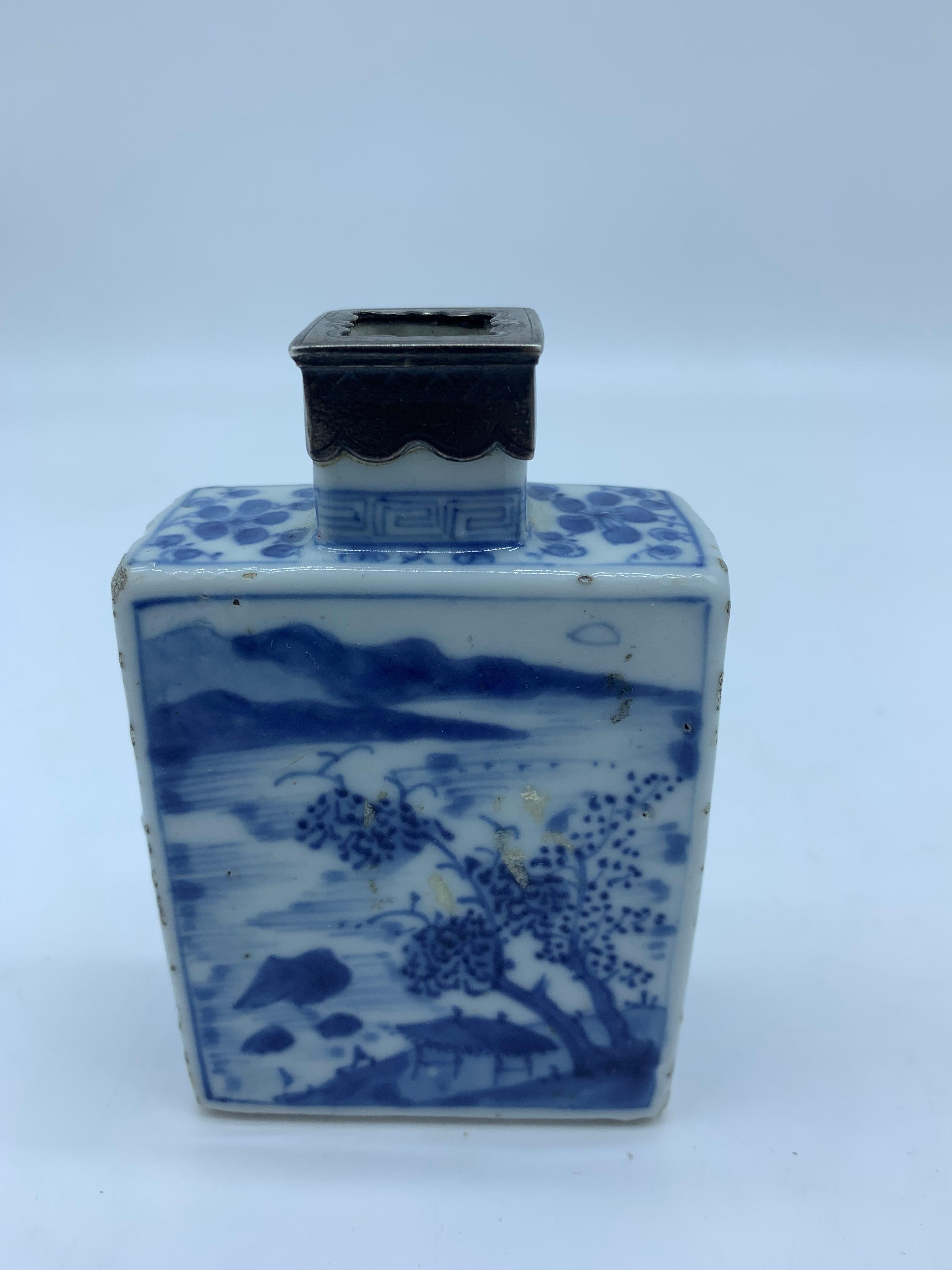 A Chinese blue and white porcelain tea caddy, 18th century, with white metal mount, - Image 7 of 16