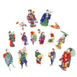 Fifteen Japanese painted card figures of mainly geisha girls, early 20th century,