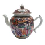 A Chinese famille rose 'Mandarin' porcelain teapot, Qianlong period, with figural terrace scenes,