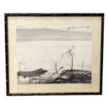 A Japanese painting of a riverside scene, calligraphy and red seal marks, silk surround,