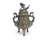 A Chinese bronze koro and cover, circa 1900-1910, dragon handles and Fo dog finial,