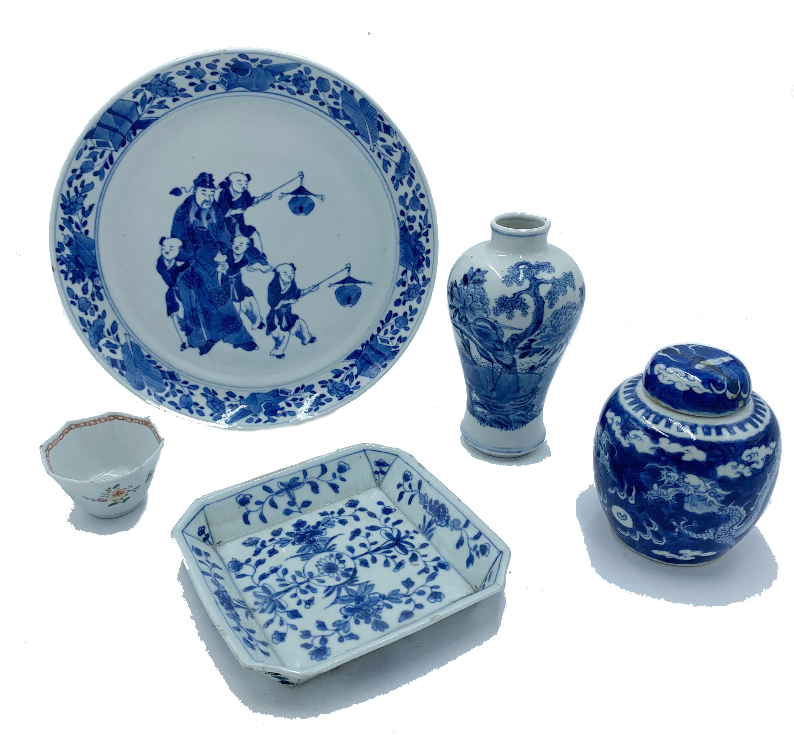 A Chinese blue and white porcelain dish, 19th century, decorated with boys holding lanterns,