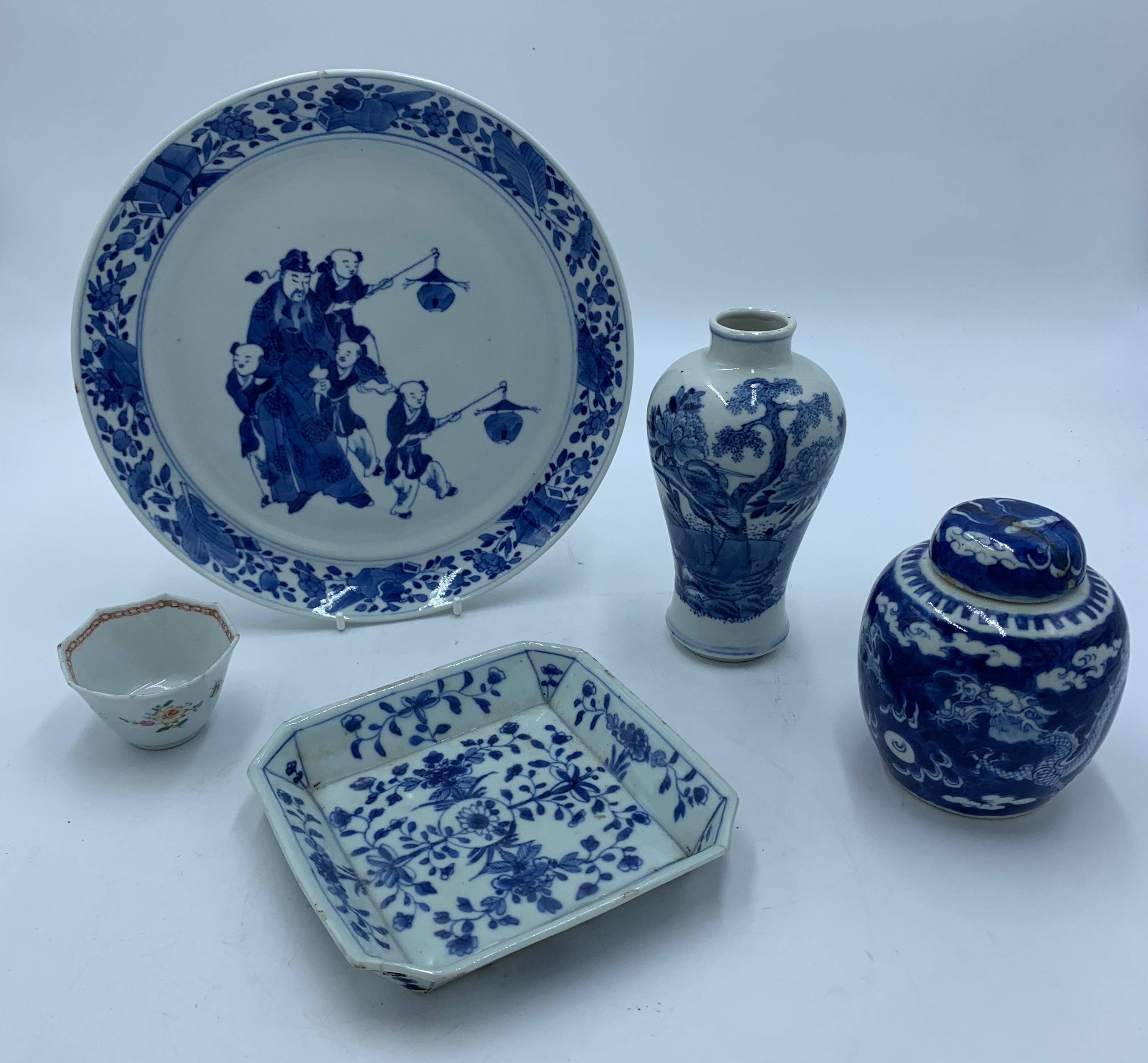 A Chinese blue and white porcelain dish, 19th century, decorated with boys holding lanterns, - Image 5 of 25