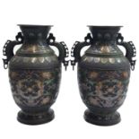 A large pair of Chinese bronze and cloisonne enamel vases, circa 1900, with stylised dragon handles,