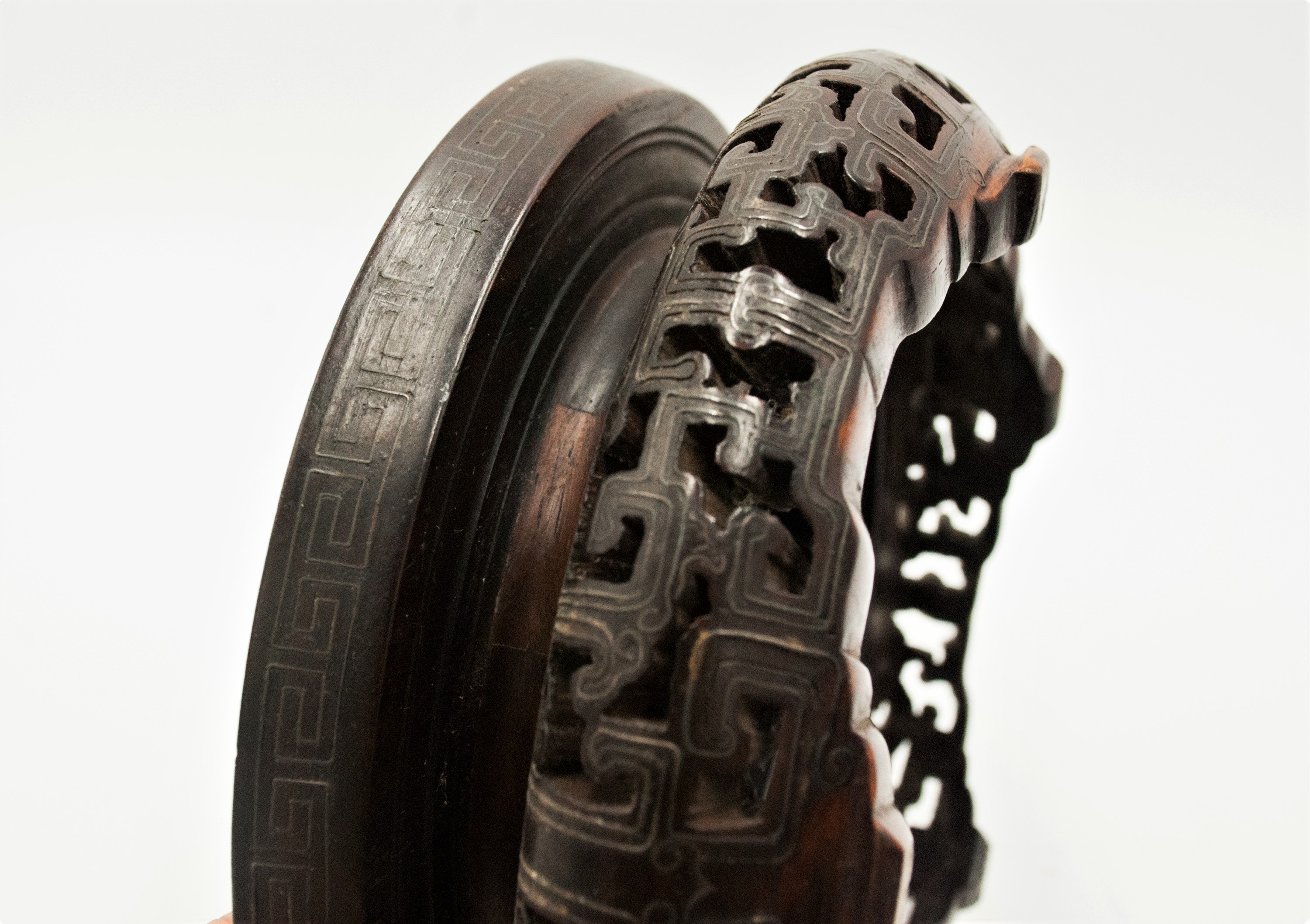 A Chinese carved hardwood vase stand, with silver wired inlay, height 7cm, - Image 7 of 28