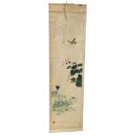 A Chinese painted scroll, early 20th century, with butterflies, plants and calligraphy, length 127.