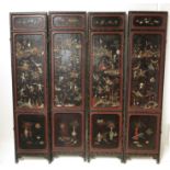 A Japanese lacquer and inlaid four fold screen, Meiji period,