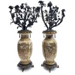 A good pair of Japanese Satsuma pottery vases/candelabra, Meiji Period, of baluster form,