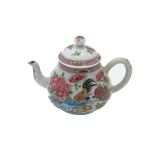 A Chinese famille rose teapot, decorated with cockerels amongst foliage, height 10.5cm.