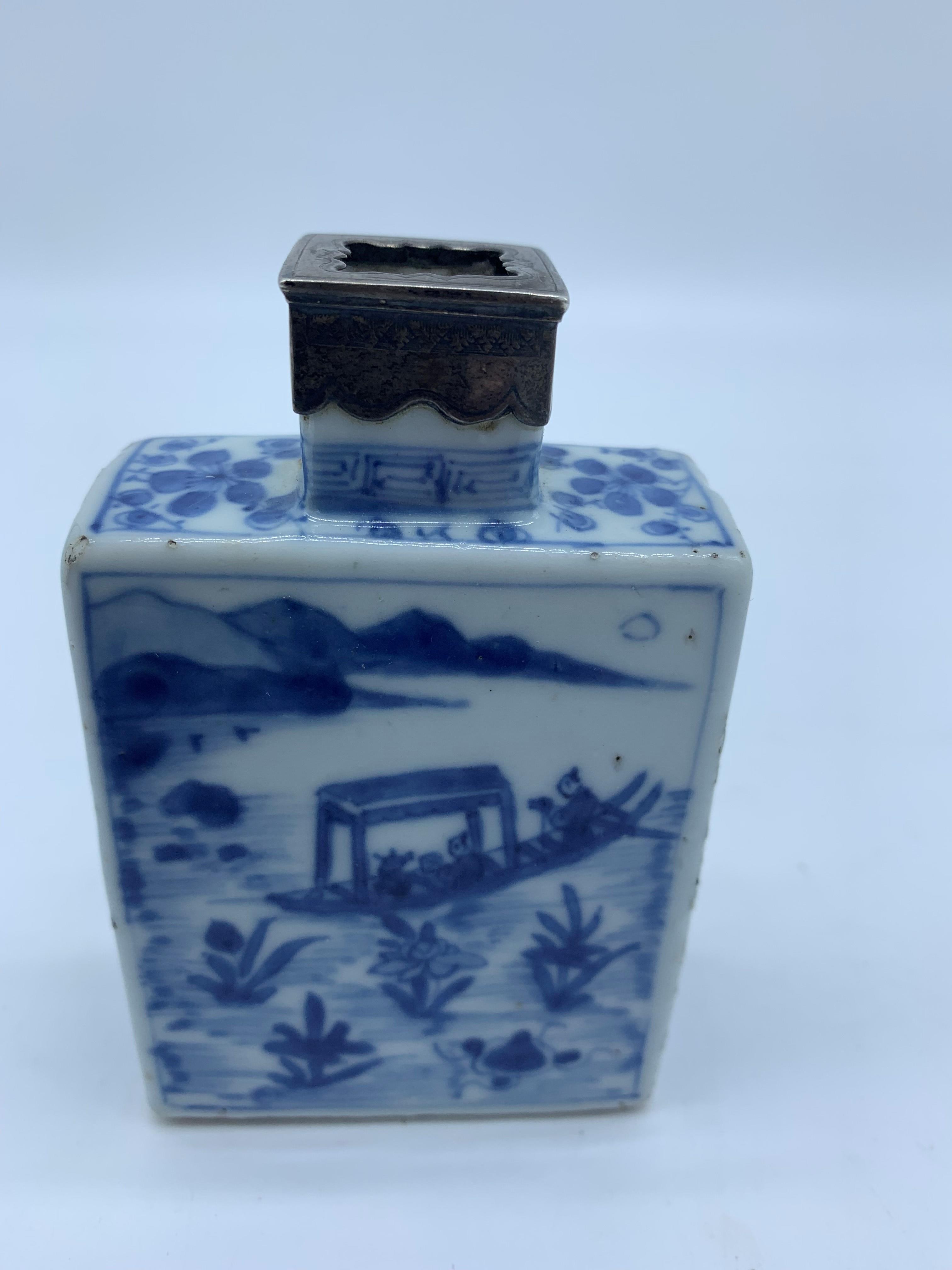 A Chinese blue and white porcelain tea caddy, 18th century, with white metal mount, - Image 9 of 16