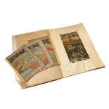 Four Islamic manuscripts, each painting with hunters and their spears, calligraphy to verso,