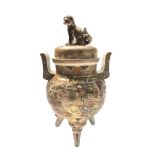 A Japanese Satsuma pottery koro and cover, late 19th century, with temple dog finial,
