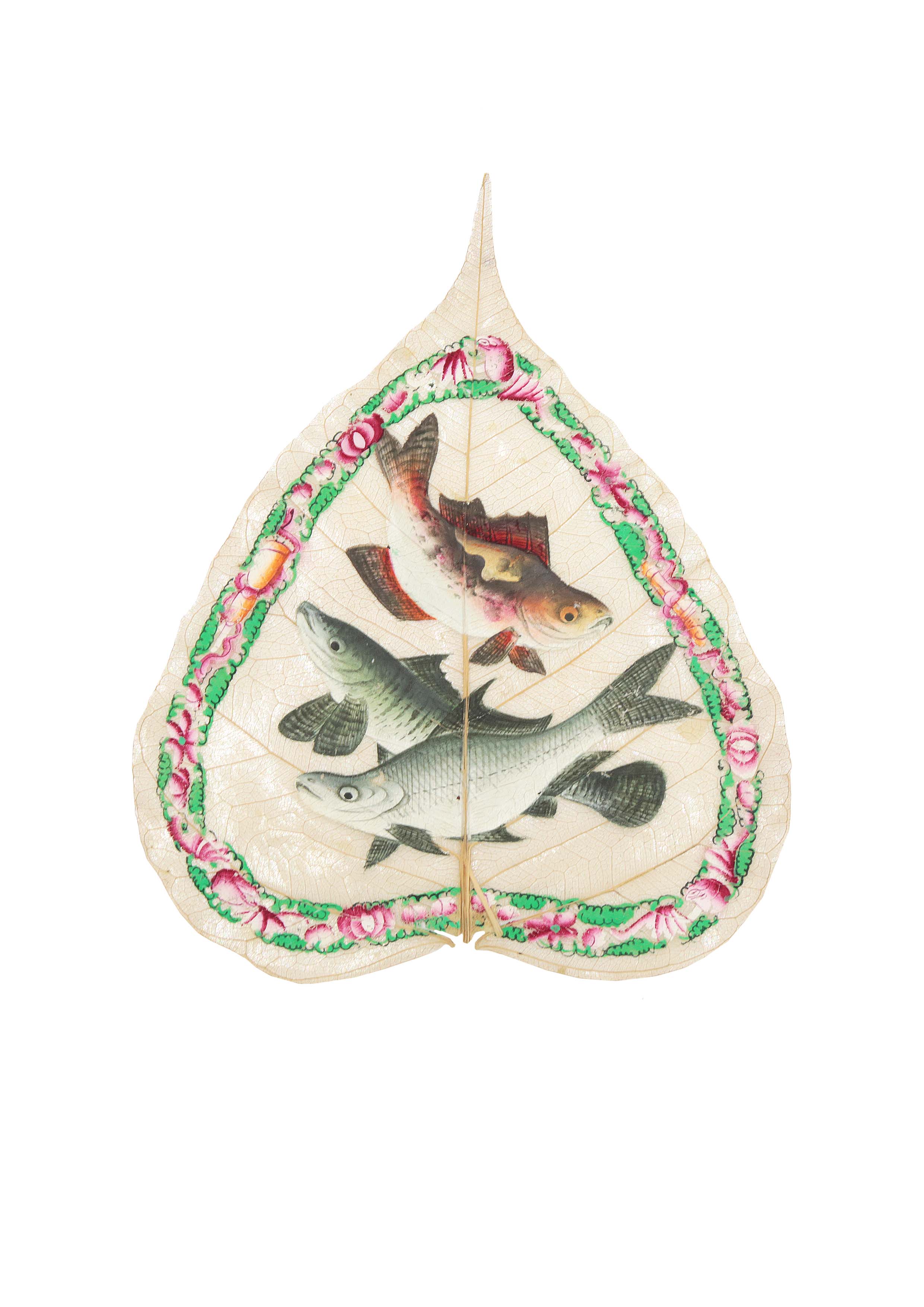 Three Chinese Canton fish painted fig leaves, 19th century, each approx 16 x 13. - Image 2 of 2