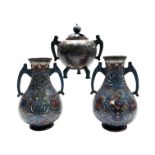 A Japanese cloisonne enamel garniture, circa 1880,