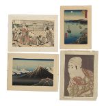 Four Japanese prints, including 'View of Harbour in Kanagawa by Hiroshigo', 25 x 17cm.