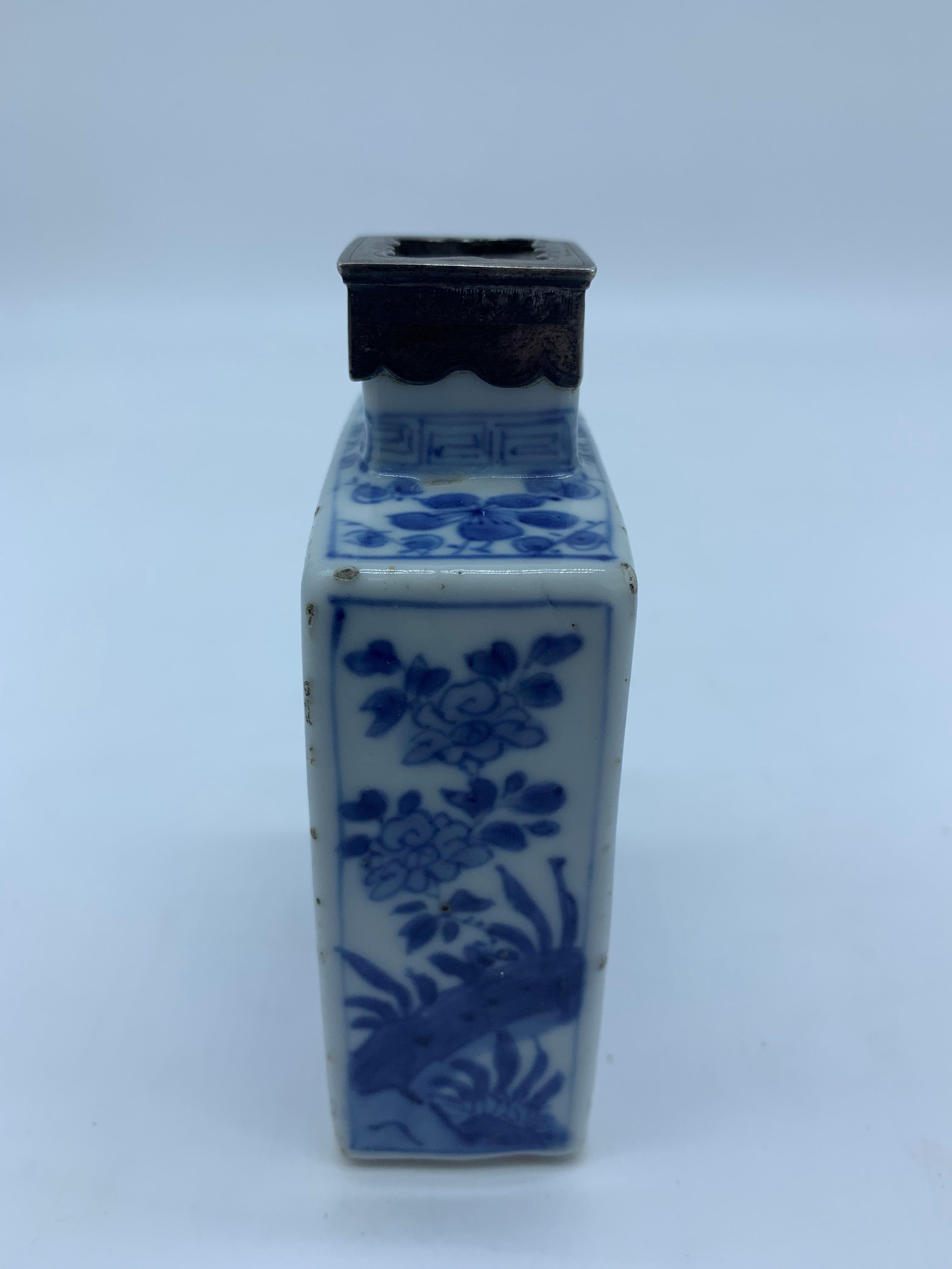 A Chinese blue and white porcelain tea caddy, 18th century, with white metal mount, - Image 8 of 16