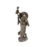 A Chinese bronze figure of a bearded emperor, 20th century, with large hat and bowl in hand,