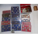 GB presentation coin cases including 2/6d and year sets, a box of 1959 Scottish Shillings etc.