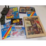Dinky tank and transporter, ball game, puzzle and Matchbox annual leaflets etc.