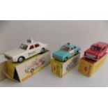 Dinky :- 270 Ford Panda car, 257 Canadian Fire Chief and 255 Ford Zodiac police, each boxed.