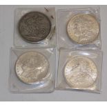 Crown :- 1891 together with three U.S.A. silver dollars, 1879, 1884 and 1887.