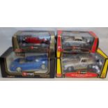 Burago:- four Die-cast, Porsche 356, Mercedes 300 SL, Bugatti EB110 and Mercedes SSK each boxed.