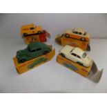 Dinky :- 274 AA Van, 166 Sunbeam Rapier, 158 Riley and 182 Porche 356A, each in damaged box.