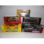 Five large scale Die-cast cars including 1957 Chevrolet Corvette Gasser, each boxed.