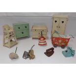 Period dolls house items including a Taylor Barrett vacuum cleaner tin plate pram etc.